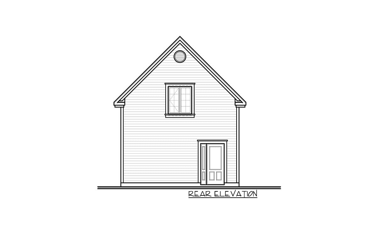 Rear elevation drawing of a two-story house with a gabled roof, single window, and double door.