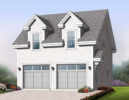 House plan exterior featuring a two-car garage with dormer windows and a steeply pitched roof with gables.
