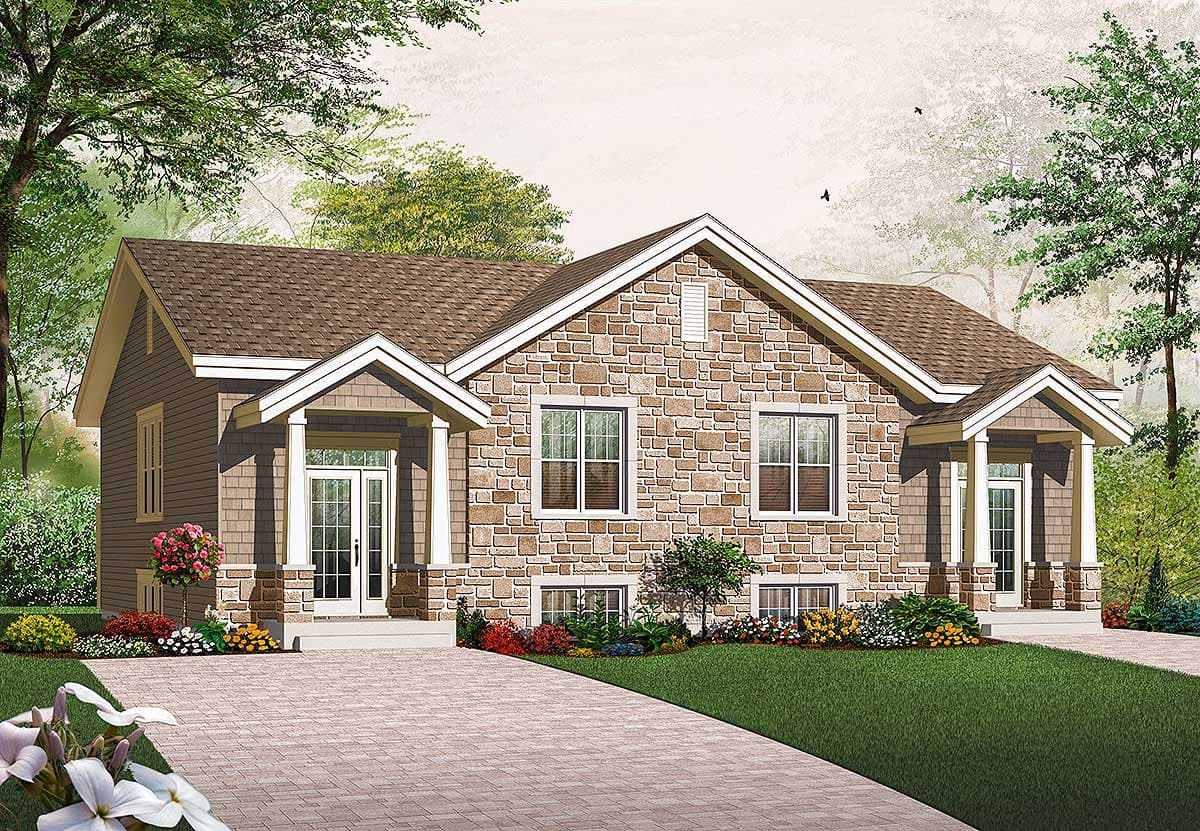 House plan exterior. Two-story home with stone facade, shingle siding, gable roofs, and covered front porches.