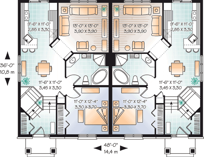 Plan 21906DR: Comfortable Duplex - Floor Plan - Main Level