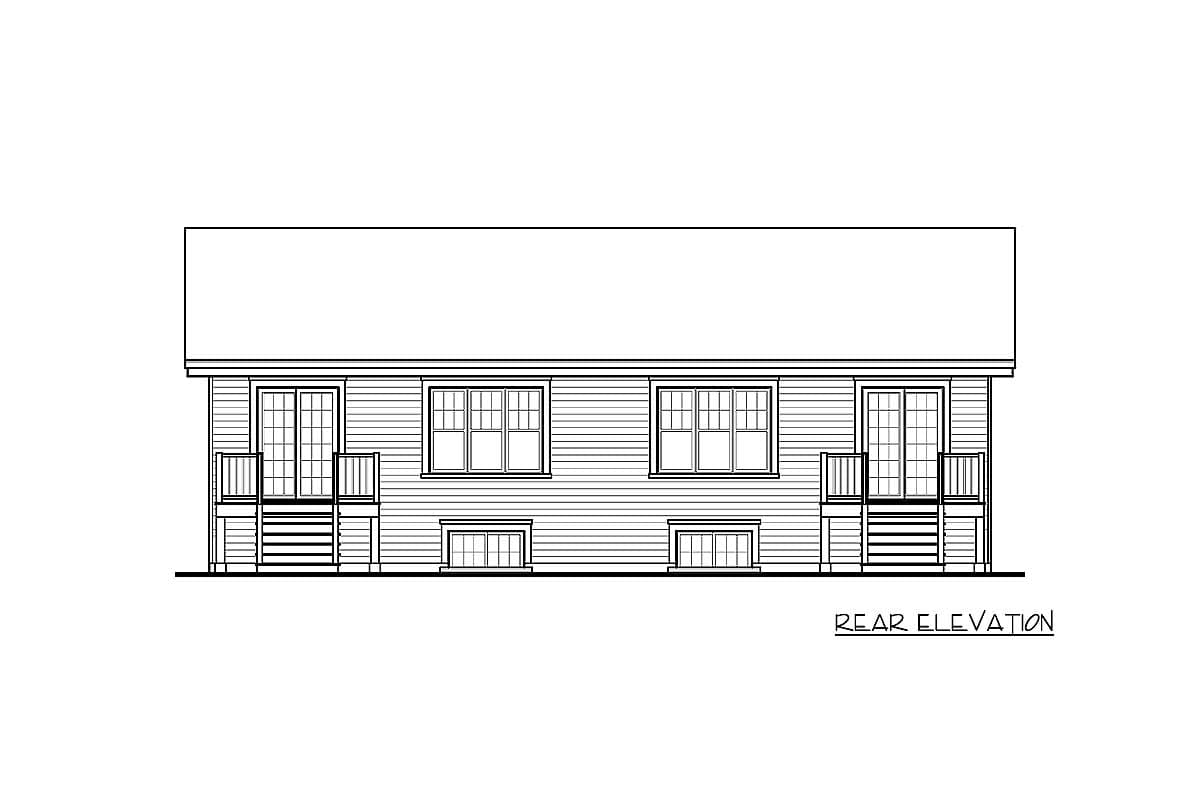 Rear elevation drawing of a house plan showing two stories, two doors with porches, and multiple windows.