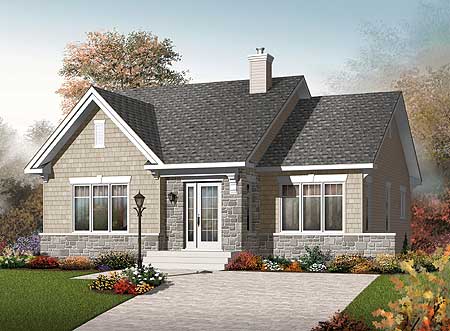 House plan exterior: one-story home with stone and shingle siding, prominent gable, and centered double door entrance.