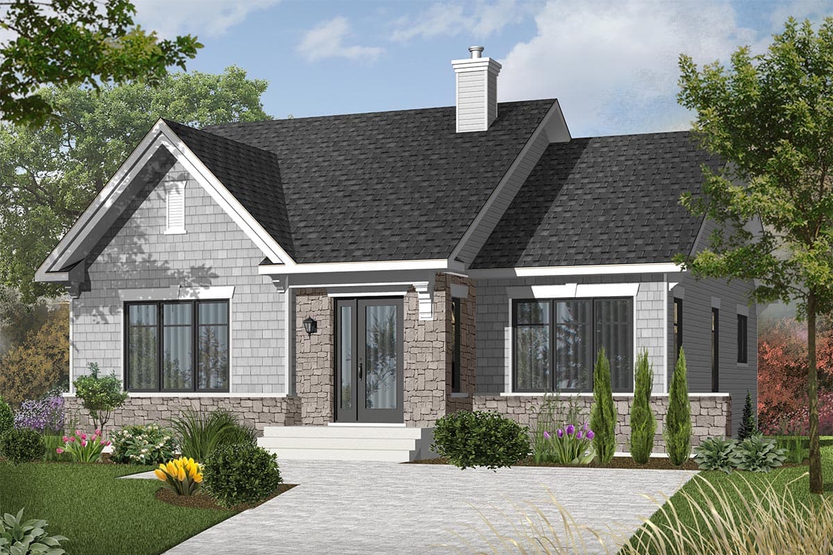 House plan exterior. One-story design with gabled roof, stone facade accents, and double-door entry. Features a chimney and large windows.