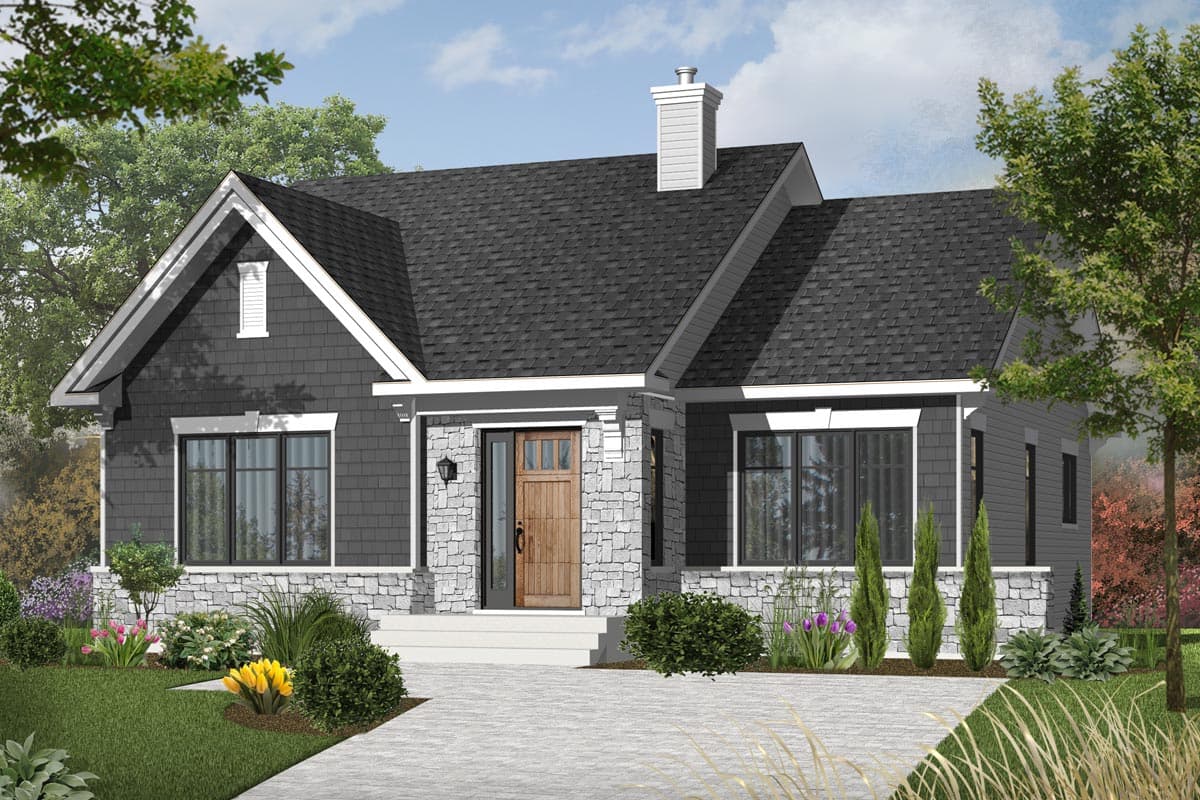 House plan exterior: One-story modern farmhouse with stone accents, gable dormer, and prominent chimney.