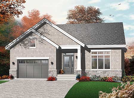 House plan exterior: One-story home with a gable roof, covered entry, and attached garage. Features shake siding and stone accents.