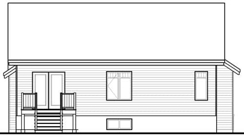 Elevation drawing of a house showing double doors, a deck with stairs, and three windows.