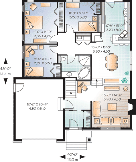 Plan 21909DR: 3 Bedroom Split Level House Plan - 1390 Sq Ft - Floor Plan - Main Level - Traditional