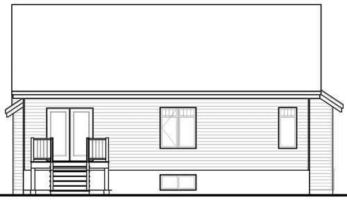 House plan rear elevation. Features double doors with deck access, two upper windows, and two lower windows.