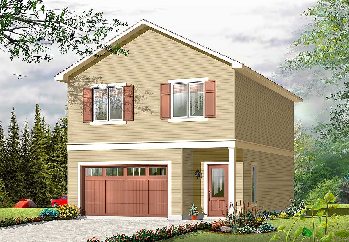 Two-story house plan exterior with a front-facing garage, gabled roof, and covered entry porch.