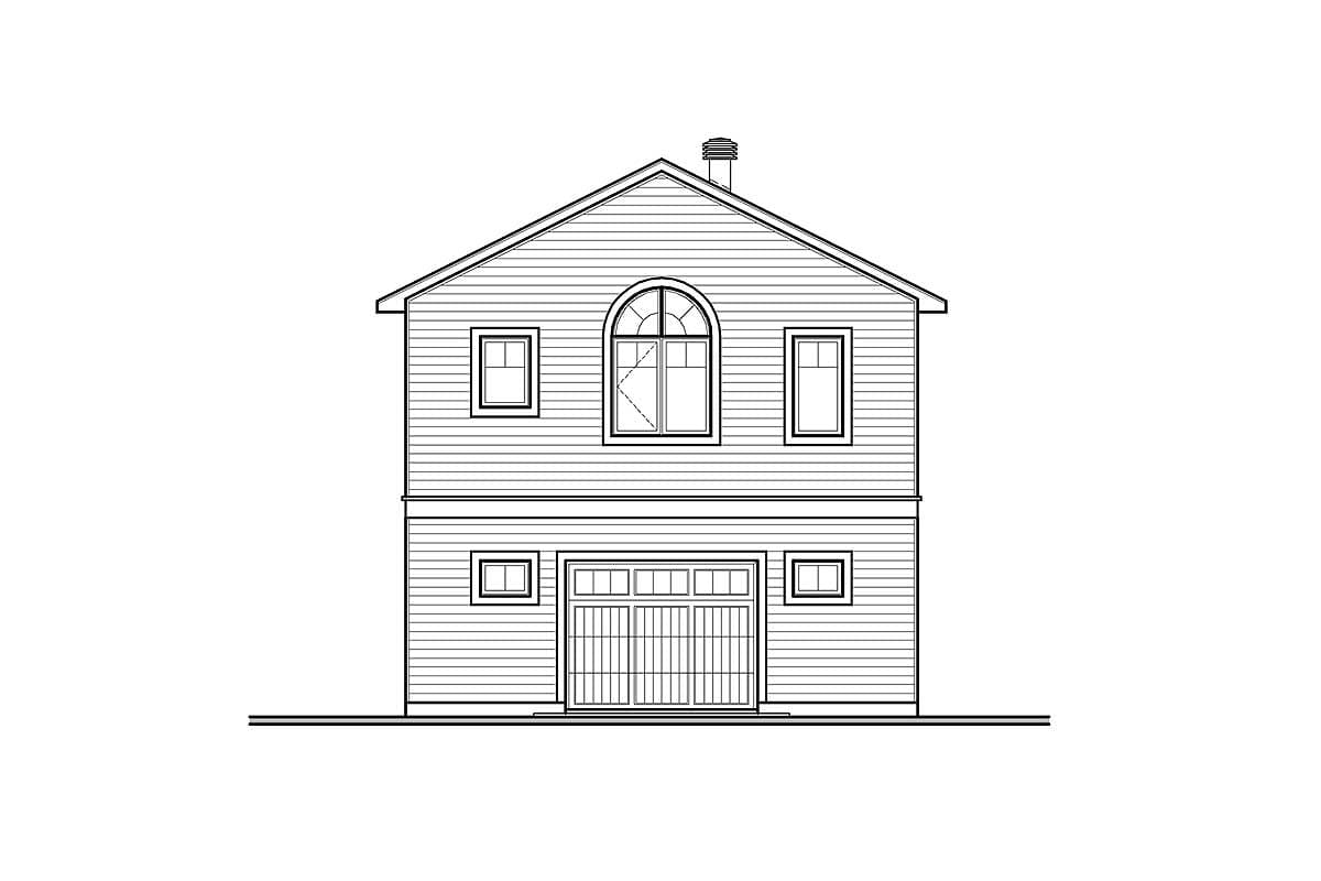 House plan exterior drawing of a two-story home with a pitched roof, central arched window, and two-car garage.