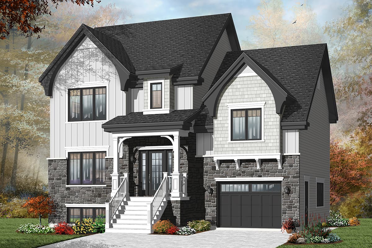 House plan exterior: Two-story home with stone and vertical siding, prominent gables, covered porch with columns, and attached garage.
