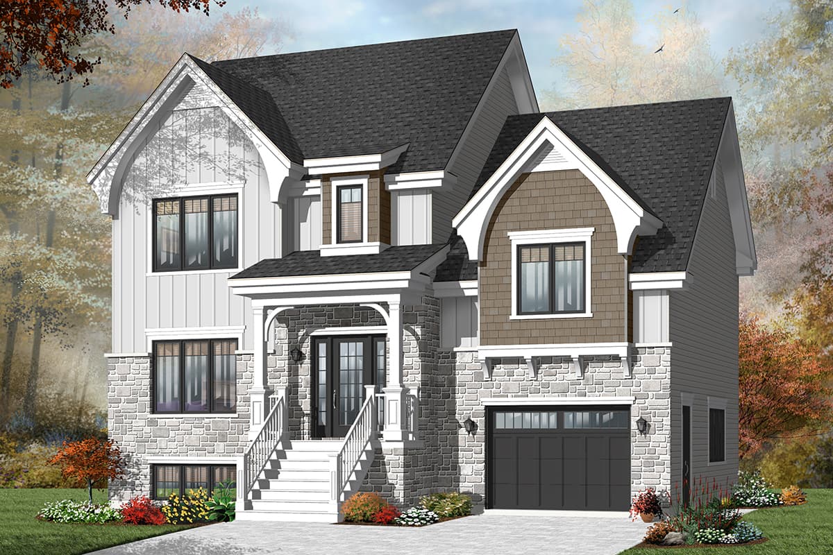 House plan exterior: Two-story modern farmhouse with stone accents, front-facing garage, and prominent gabled dormers.