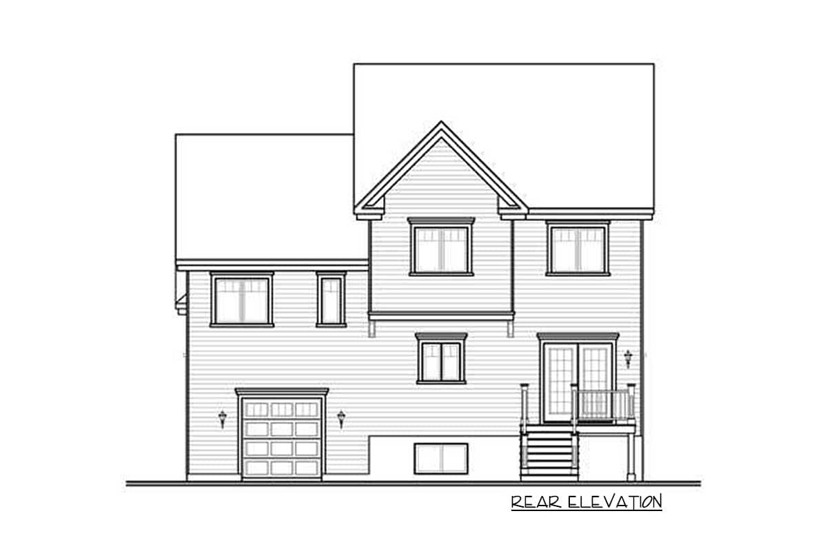 Rear elevation drawing of a two-story house with a garage, windows, and a rear entrance with stairs.