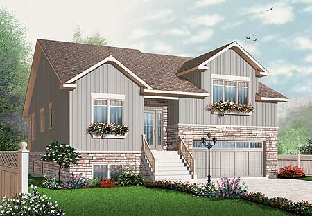 House plan exterior of a two-story home with stone and vertical siding, prominent gables, dormer window, and attached garage.