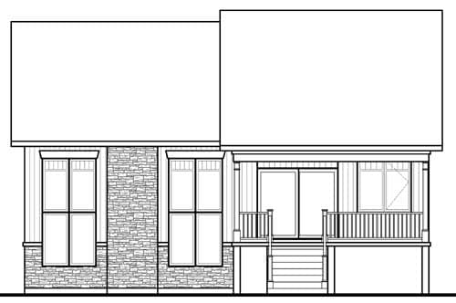 House plan exterior elevation featuring stone veneer, two windows, and a covered porch with stairs.