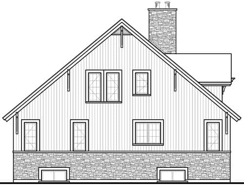 Side elevation house plan with stone foundation, multiple windows, gabled roof, and prominent chimney.