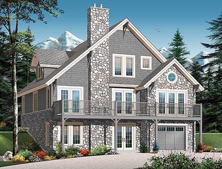 House plan exterior: Two-story home with stone and shingle siding, large stone chimney, covered balcony, and attached garage.