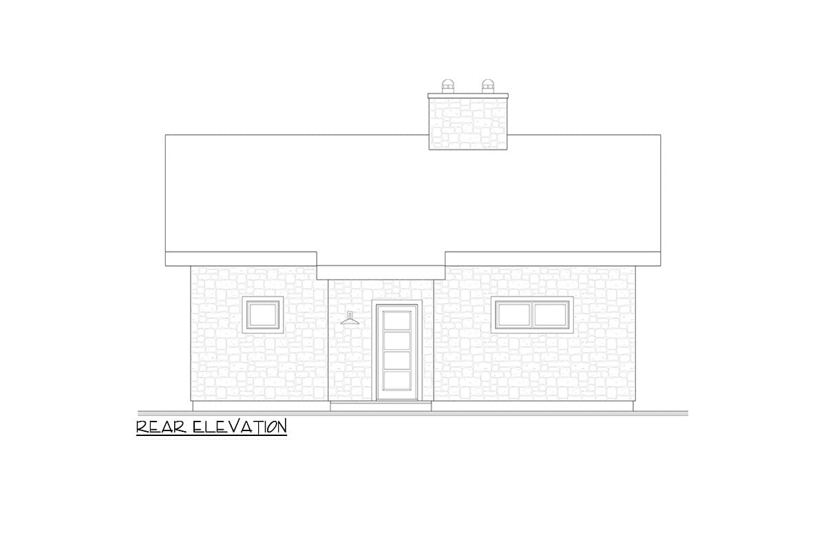Rear elevation drawing of a single-story house with stone exterior, central door, and two windows. Features a prominent chimney.