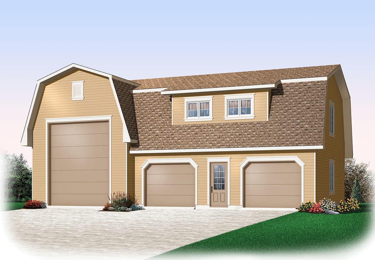 House plan exterior of a two-story building with three garage bays, gambrel roof, and dormer windows.