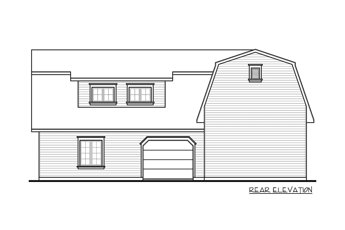 Rear elevation drawing of a two-story house plan with a gambrel roof, dormer windows, and a single-car garage.