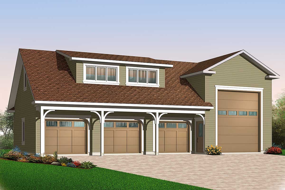 House plan exterior: Three-car garage with open porte-cochère, dormer with three windows, and attached single garage.