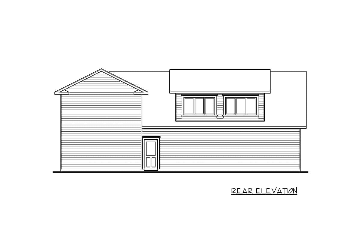 Rear elevation of a house plan showing horizontal siding, a prominent gable, a door, and two dormer windows.