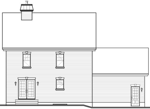 House plan front elevation of a two-story home with a gambrel roof, double entry doors, and attached garage.