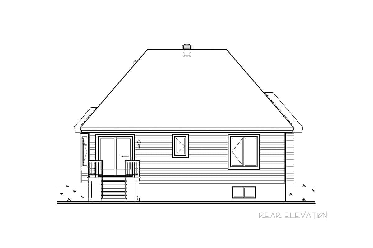 Rear elevation house plan: features siding, deck, double door, and multiple windows.