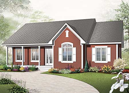 House plan exterior: One-story home with a front porch, prominent gable with decorative vent, and arched and rectangular windows with shutters.