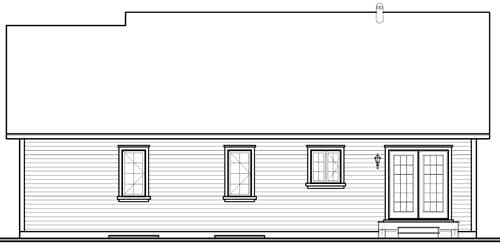 House plan elevation showing a side view with three windows and double doors leading to a small porch with a light fixture.