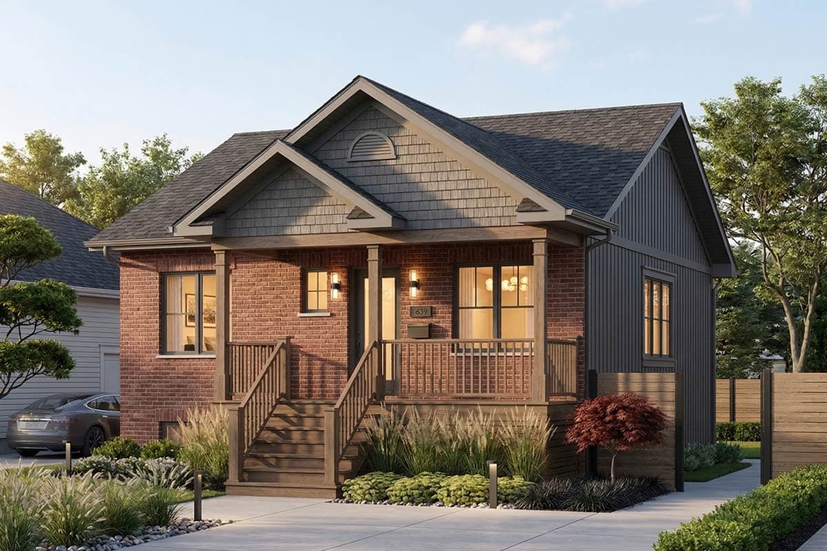 House plan exterior: Two-story home with a covered front porch, dormer, brick facade, and gable rooflines.