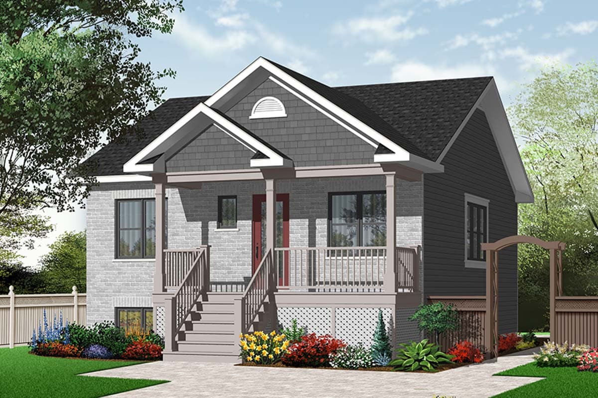 House plan exterior of a two-story Modern Farmhouse with a covered front porch, prominent gables, and brick and siding facade.
