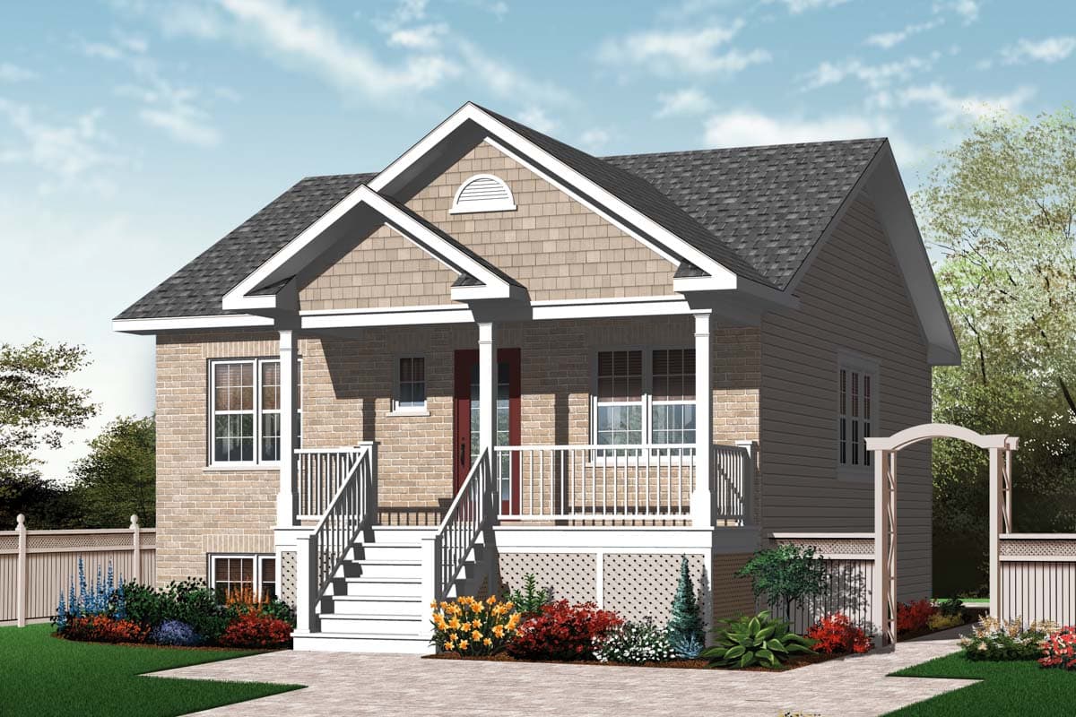 House plan exterior: Two-story home with a covered front porch, dormer, brick facade, and gable rooflines.