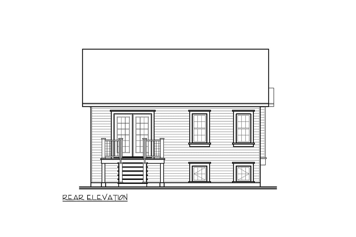 Rear elevation drawing of a house with double doors, a deck, and multiple windows.