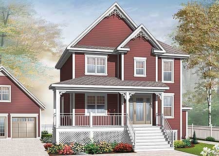 Two-story house plan exterior with wraparound porch, decorative gables, and attached garage.