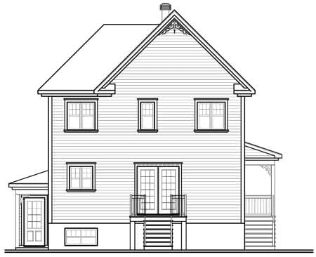 House plan exterior showing a two-story home with a gable roof, dormer, double doors, and a screened porch.