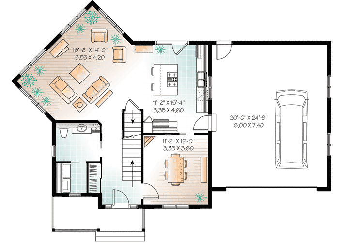 Plan 21932DR: Classic Four Square House Plan with Angled Rear Corner - 1662 Sq Ft - Floor Plan - Main Level - Traditional