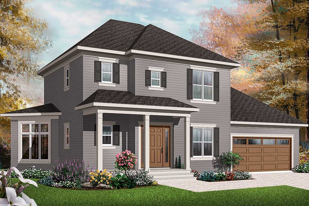 House plan exterior: two-story home with covered front porch, gabled rooflines, and attached two-car garage.