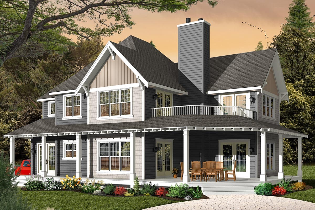 House plan exterior: Modern Farmhouse style, 2 stories, wrap-around porch, prominent chimney, gabled dormers, second-story balcony.