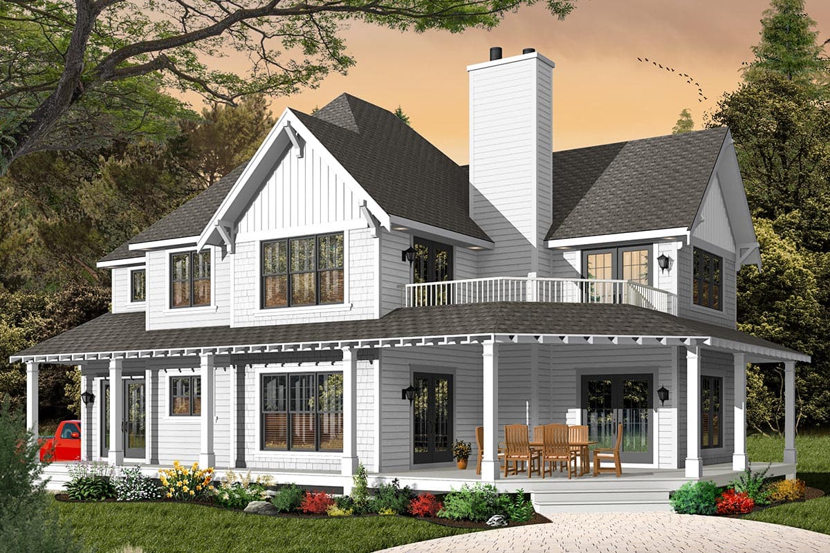 House plan exterior. Two-story farmhouse with a wrap-around porch, gabled roof, dormers, and a prominent chimney.