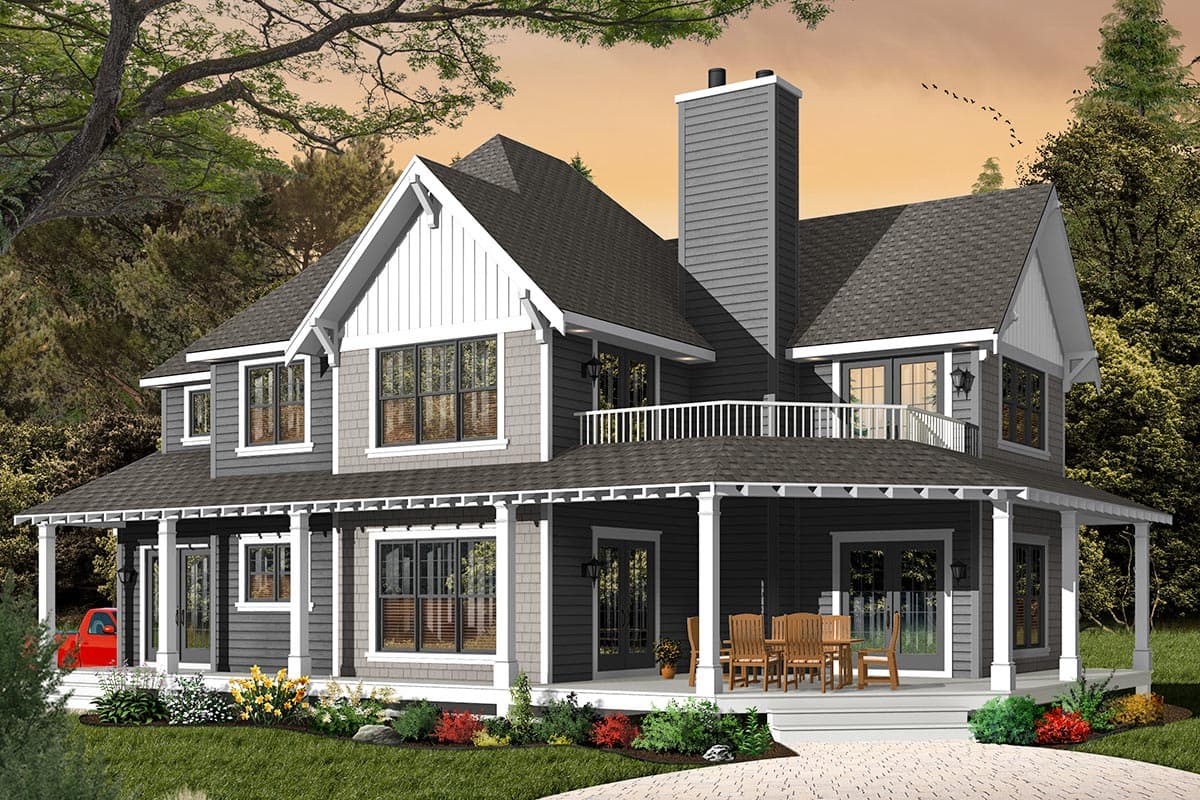 House plan exterior: two-story Modern Farmhouse with wrap-around porch, prominent gables, and second-story balcony.