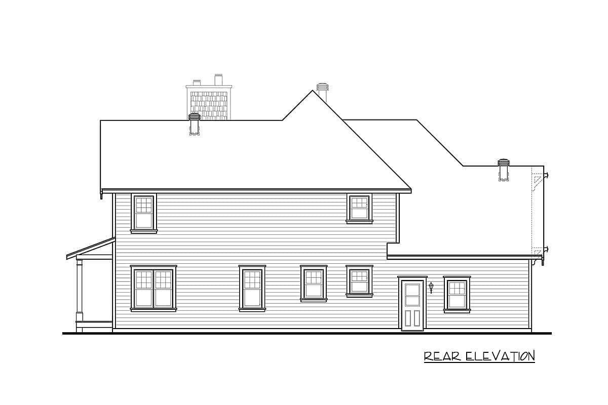 Rear elevation of a two-story house plan showing multiple windows, a side porch, and two chimneys.