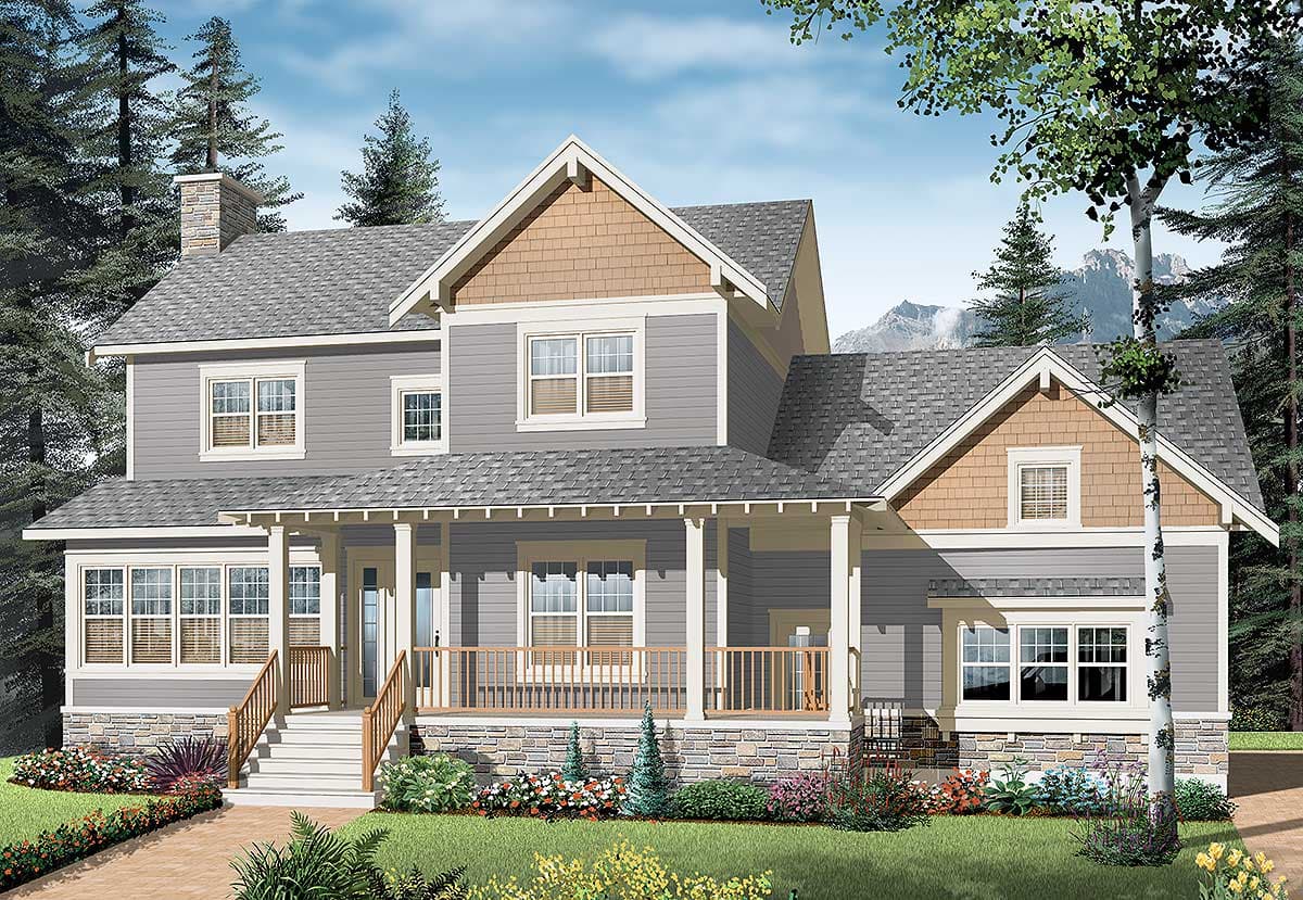 House plan exterior: Two-story Modern Farmhouse with wraparound porch, stone foundation, and prominent gables.