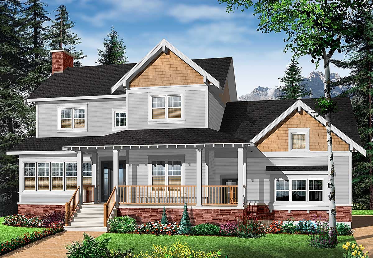 House plan exterior: Two-story home with wrap-around porch, gables with cedar shingles, and brick foundation.