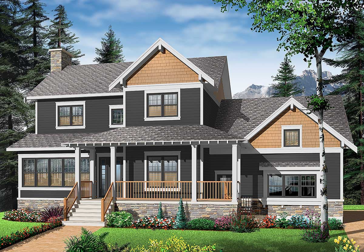 House plan exterior: Two-story home with a wrap-around porch, stone foundation, multiple gables, and shingle accents.