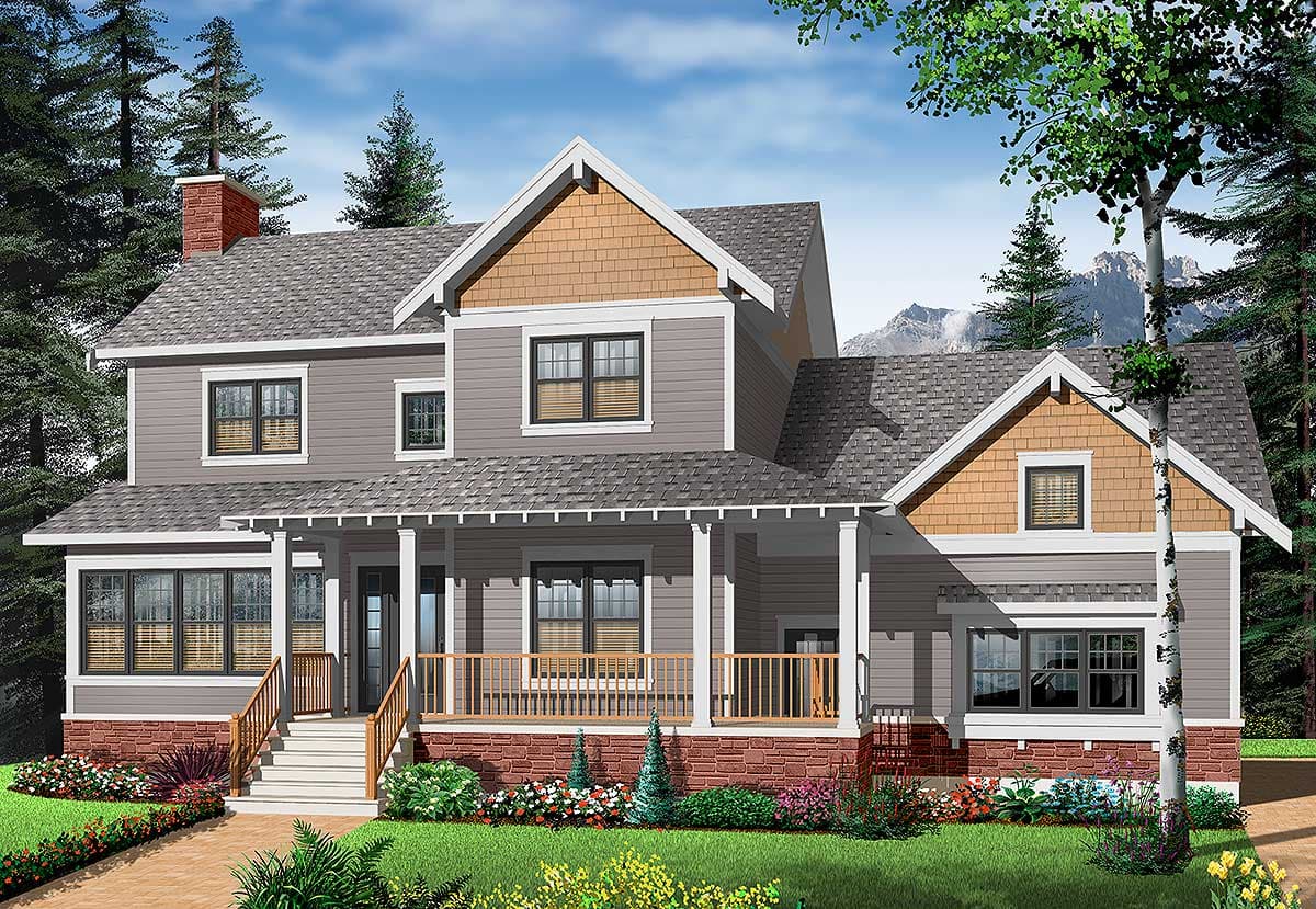 Two-story Modern Farmhouse plan with wraparound porch, gabled dormers, and brick accents.