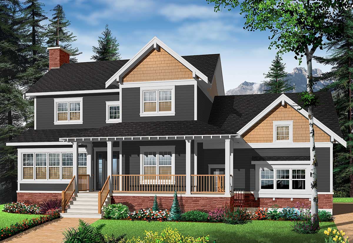 House plan exterior: Two-story home with wrap-around porch, prominent gables with shingle siding, and brick foundation.