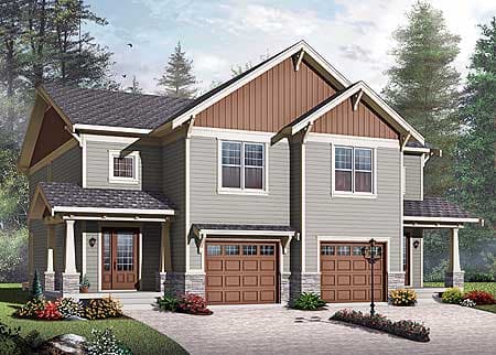 Two-story house plan exterior with gable roofs, dual garage doors, covered front porch with columns, and stone accents.
