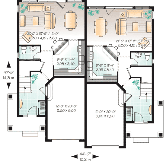 Plan 21936DR: Attractive Duplex with Covered Entry - Floor Plan - Main Level