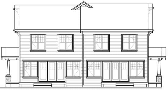 House plan exterior, two stories, symmetrical design with double front doors, upper windows, and covered porches.